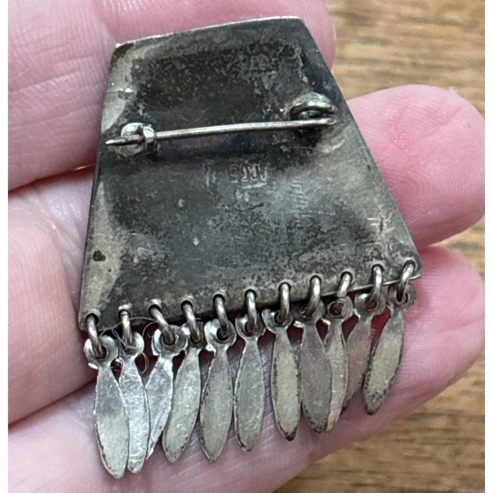 Vintage Peruvian Mexico Mayan Sterling Silver Brooch Warrior Motif with Tassels